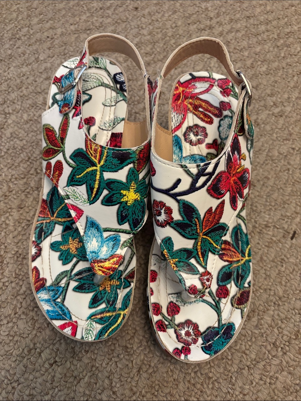 SHEIN White Floral Embroidered Slingback Sandals with Multicolor Flowers